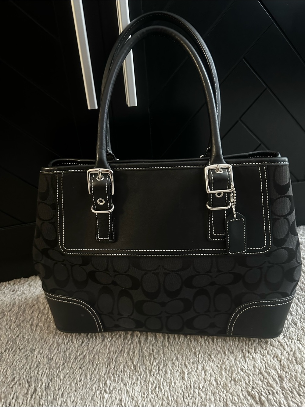 Coach Black Signature Canvas Tote with Contrast Stitching